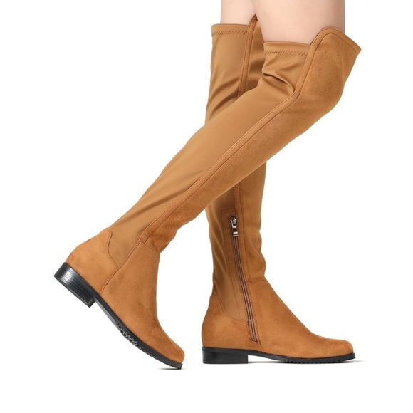 Camel Brown Faux Suede Flat Heel Stretch Over The Knee Thigh